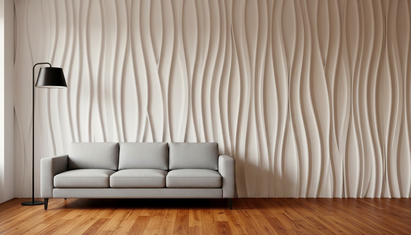Plain gray three-seater sofa with floor lamp in a warm minimalist room